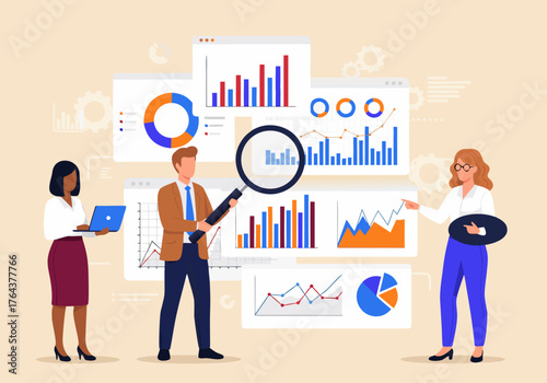 Business analytics team reviewing charts and graphs for market analysis and data visualization using various tools