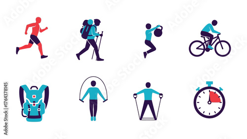 Iconic Fitness & Sport Collection: a set of visually engaging vector icons, each representing a distinct sport and fitness activity. Designed with simplicity.
