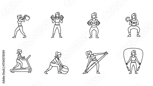 Workout Icons: A comprehensive set of line art illustrations showcases a variety of workout exercises, ideal for fitness, training, and wellness resources.