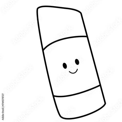 Minimal line art eraser with tilted smiley face, cute black and white vector design for school and stationery illustrations.