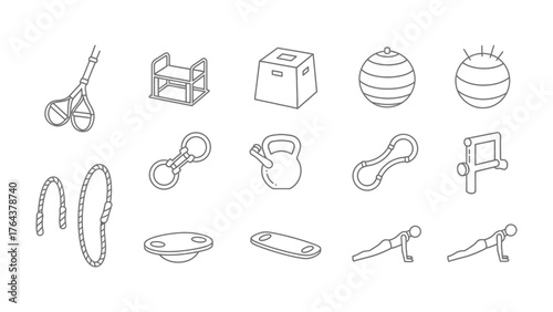 Essential Workout Equipment Collection: A comprehensive line-up of fitness essentials, including a diverse range of equipment for effective training routines. Each item is meticulously illustrated