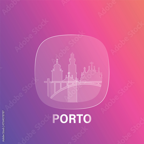 Porto, Portugal: icon and logo prototype with glass liquid effect. Flat emblem with shapes of landmarks. Concept for mobile app, sticker, web element