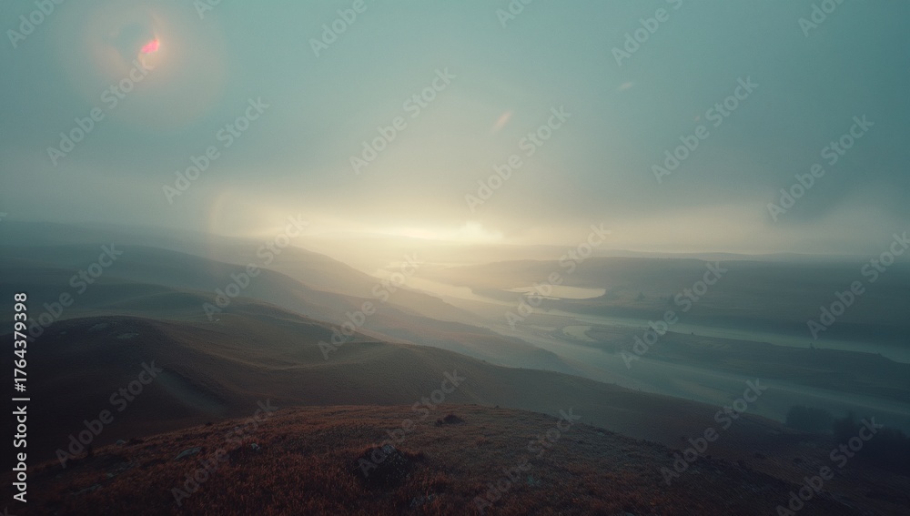Obraz premium Morning mist covering winding river valley on hillside under low sun with grassy hills, lens flare