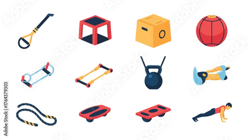 Gym Equipment: A collection of various gym tools, from resistance bands and balance boards to kettlebells, boxes, and workout balls. Perfect for promoting health and wellness.