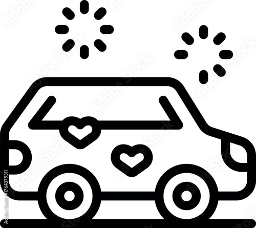 Wedding car decorated with hearts under fireworks, symbolizing love and celebration