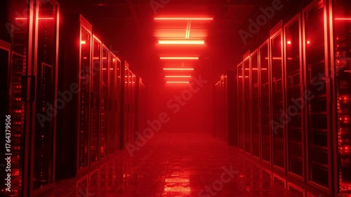 Red server rack corridor with glowing red light data center server room conveying tension foggy misty atmosphere and emergency