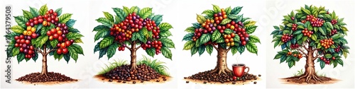 Coffee Tree handcrafted colored pencil illustration with radiant tones and fine detail.