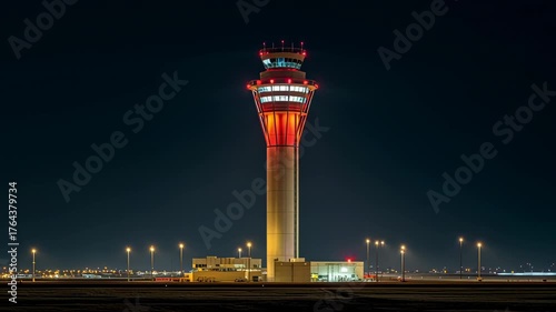 Airport control tower illuminated night with runway lighting and terminal airfield lights creating dramatic red night atmosphere