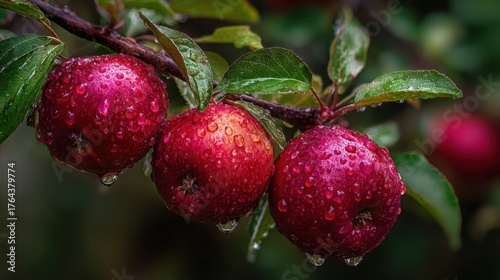 Close-up of three ripe red apples hanging on a tree branch with green leaves, covered in fresh water droplets