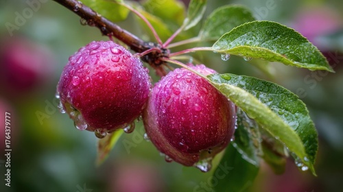 Close-up of three ripe red apples hanging on a tree branch with green leaves, covered in fresh water droplets