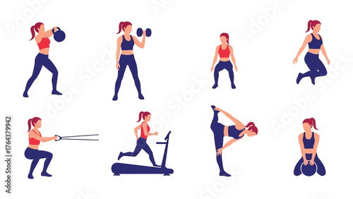 Fitness Routine: A dynamic depiction of a woman engrossed in a multifaceted workout regime, encompassing various exercises