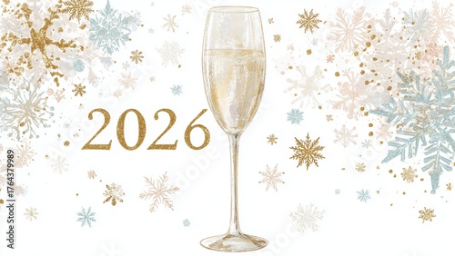 Winter Magic New Year Series 2026 pastel minimalistic illustration of champagne glass, snowflakes, and gold 