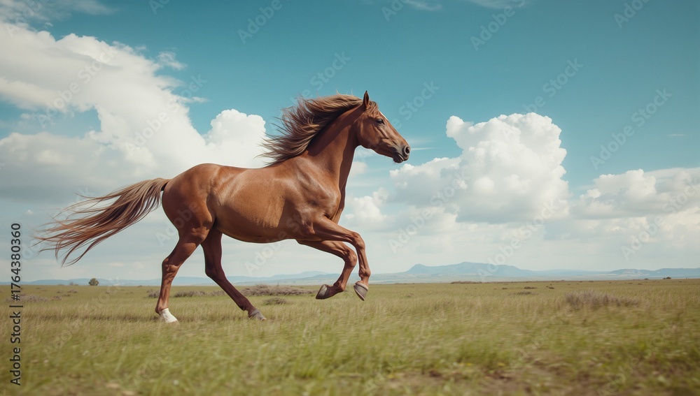 Fototapeta premium Galloping chestnut horse racing across grassland plain under vibrant blue sky, wild energy