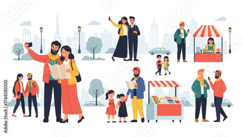 Diverse Group of People Enjoying Travel and Tourism in Various Locations