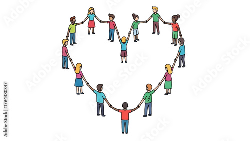 Diverse individuals unite in a heartwarming embrace, forming a symbolic heart shape that represents global community, connection, and social harmony