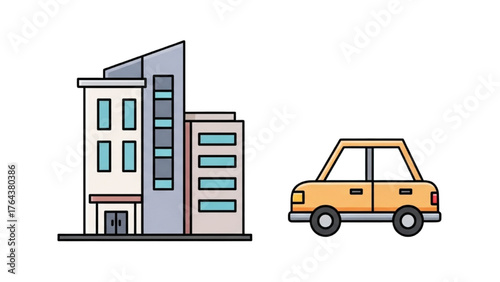 Office Building and Yellow Car Illustration Daily Commute, Urban Living Concept