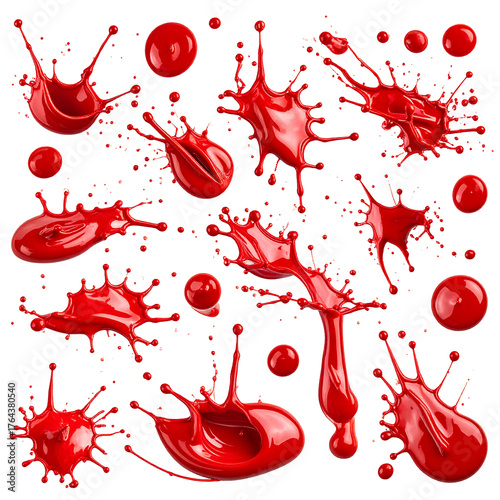 Red Paint Splashes: Dynamic droplets of vibrant red paint burst outwards, each splash a unique display of fluid motion, conveying energy and artistic expression.