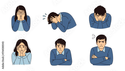 Illustrations of individuals grappling with intense negative emotions, depicting stress, sadness, frustration, and anger in various expressions