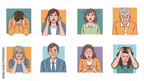 Diverse people expressing anxiety, stress, and worry in various portraits