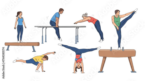Gymnastics and Exercise Illustrations Individuals Performing Various Training Exercises