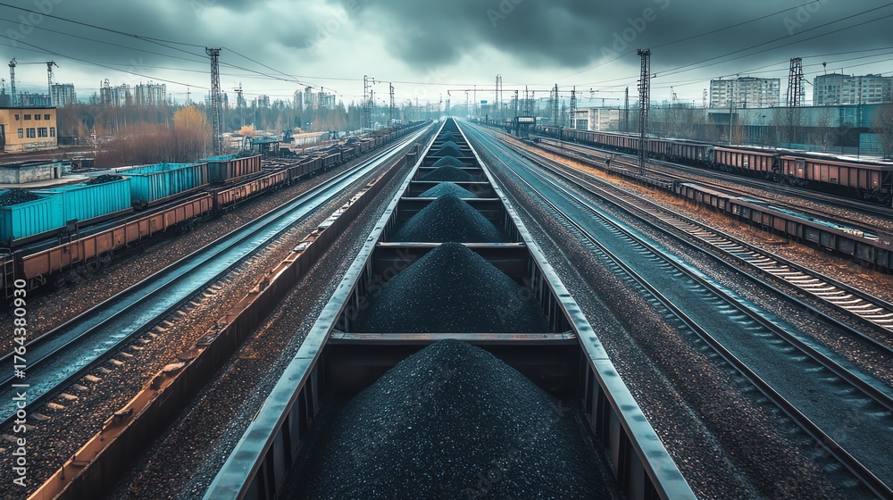 Fototapeta premium Railway tracks with coal trains under cloudy sky.