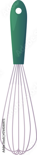Cooking whisk with green handle, oblong shape, equipment for cooking.
