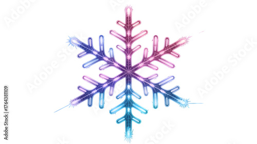 Neon snowflake sparkling with winter magic ,isolated on white background.