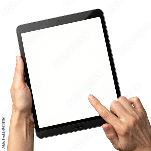 Tablet Display in Hand: The image shows a close-up of a hand holding a tablet with a blank, bright screen ready for content or interaction. The fingers of the hand are poised near the display.