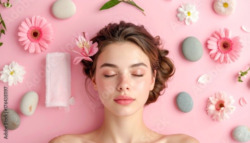 Young Woman Relaxing at Spa Surrounded by Flowers and Natural Stones