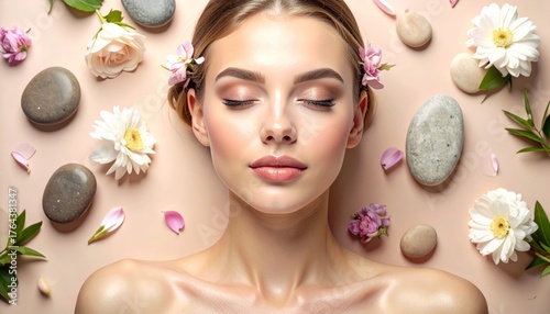 Young Woman Relaxing at Spa Surrounded by Flowers and Natural Stones