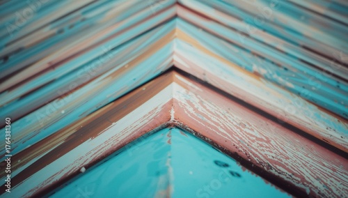 Showing weathered turquoise and rust-red painted panels converging along central ridge beam on roof
