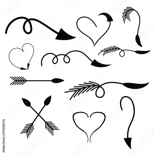 Creative ,Cupid Arrows and Hand Drawn Doodle Design Elements Vector Set for Creative Projects

