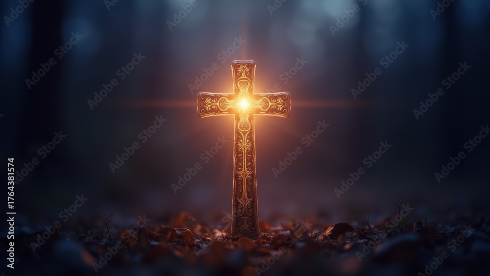 Naklejka premium Ancient, ornate cross radiating with luminous light. Delicate filigree and subtle gold accents shimmer against a backdrop of deep twilight blues and purples.
