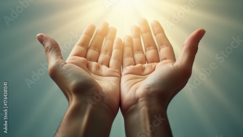 Two weathered hands raised in prayer, overlaid with gentle rays of divine light. Sacred grace and spiritual renewal.