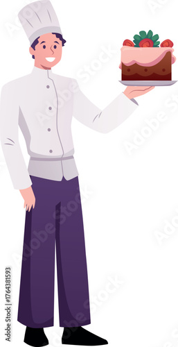 Cartoon male character chef, in a hat, uniform, with a cake in his hands.