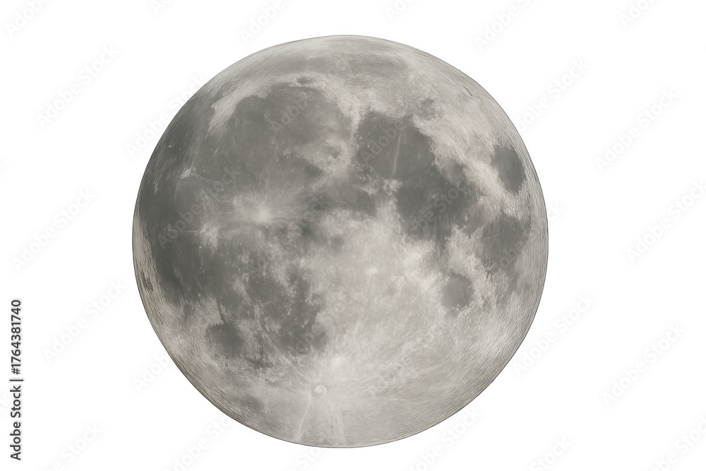 Naklejka premium Full moon showing craters and mare on a transparent background, representing space, astronomy, and celestial science