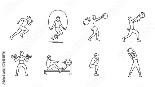 Fitness Training Routines: A comprehensive illustration showcasing various fitness activities, from dynamic running to strength training and stretching.