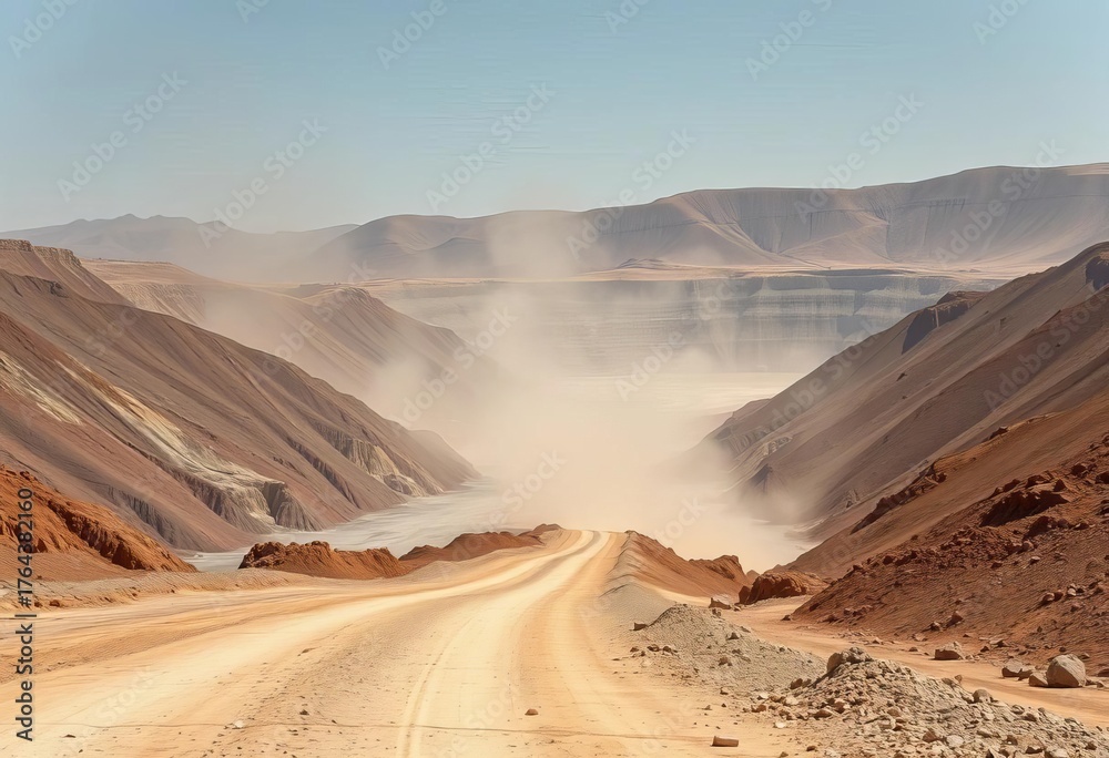 Fototapeta premium Dusty road cuts through vast open-pit zinc mine, textured earth, industrial landscape, textured, raw materials