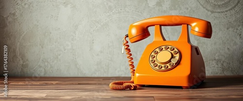Vintage orange rotary phone sits on wooden table against grunge wall,  table,   aged