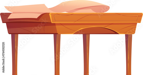 Classic, brown, vintage wooden table with a sheet of paper.