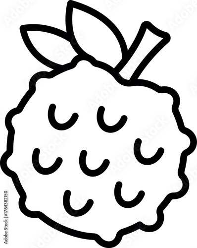 Line art illustration of a lychee fruit showcasing its unique texture and leaves, perfect for food and beverage projects