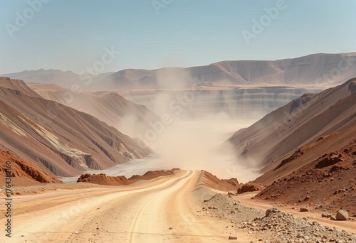 Dusty road cuts through vast open-pit zinc mine, textured earth, industrial landscape,  textured,  raw materials