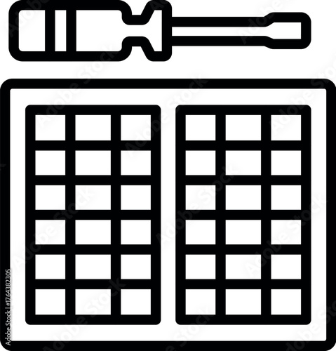 Line drawing of a screwdriver and solar panel, representing installation, repair, or maintenance of renewable energy systems