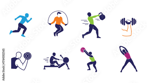 Fitness Icons: Vibrant illustrations showcasing various exercises, highlighting the dynamism and energy of a healthy lifestyle. This image embodies the pursuit of wellness.