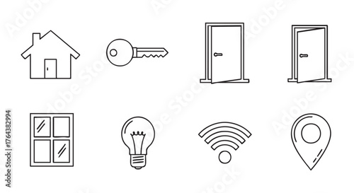 House Key Window and Lightbulb Icons Representing Home Ownership and Energy