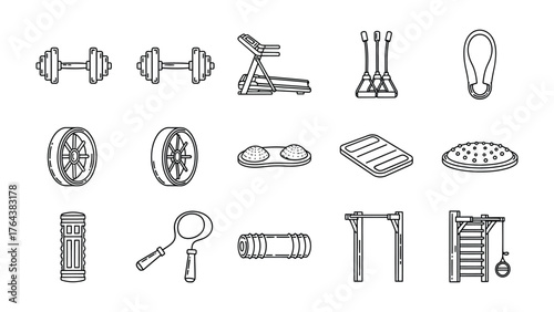 Gym Equipment: A collection of various fitness equipment including dumbbells, treadmill, resistance band and pull-up bar, and other training tools for exercise.