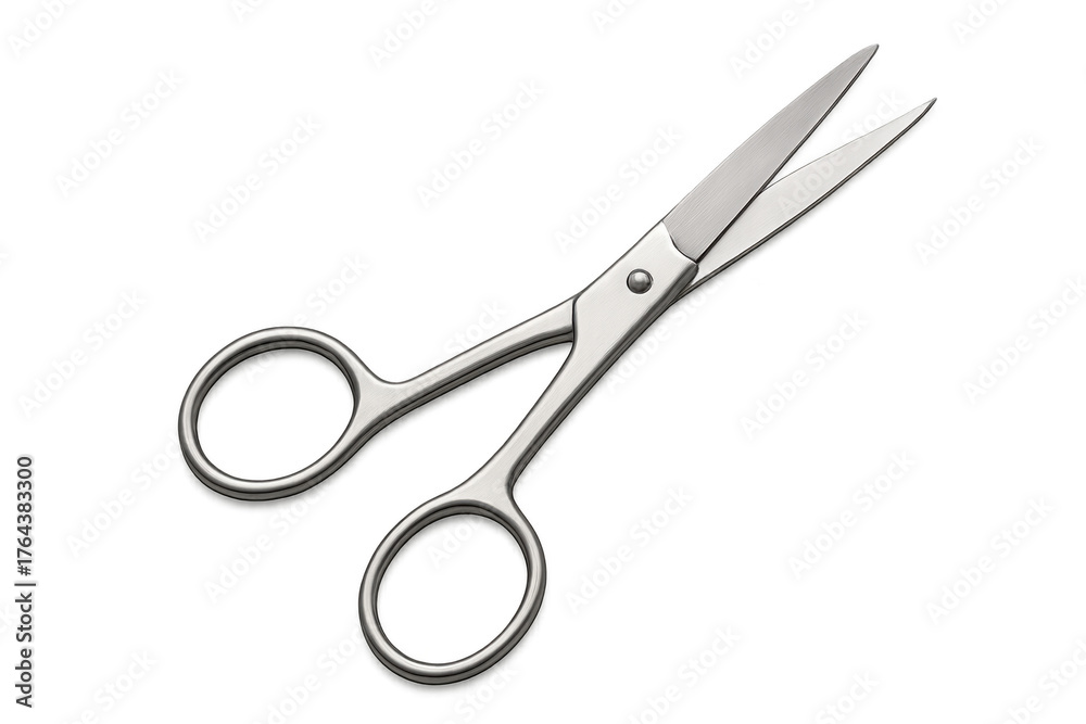 Fototapeta premium Scissors metal cutting tool, silver steel blades with finger loops, isolated on transparent background