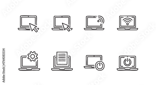Laptop computer icons representing different functions such as settings and pointing