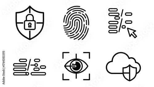 Digital Security Iconography: A collection of concise digital security icons, symbolizing protection, identity, and the safeguarding of data in the digital landscape.