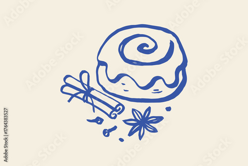 Cinnamon roll with spices minimalist sketch vector illustration